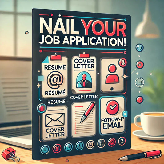 A modern, eye-catching infographic for job seekers, titled 'Nail Your Job Application!' featuring a checklist with icons representing a résumé, cover