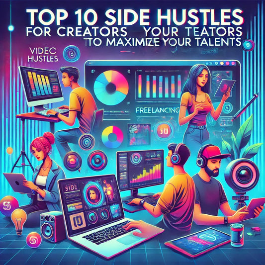 A vibrant and modern digital illustration showcasing 'Top 10 Side Hustles for Creators to Maximize Their Talents.' The image features young creative p